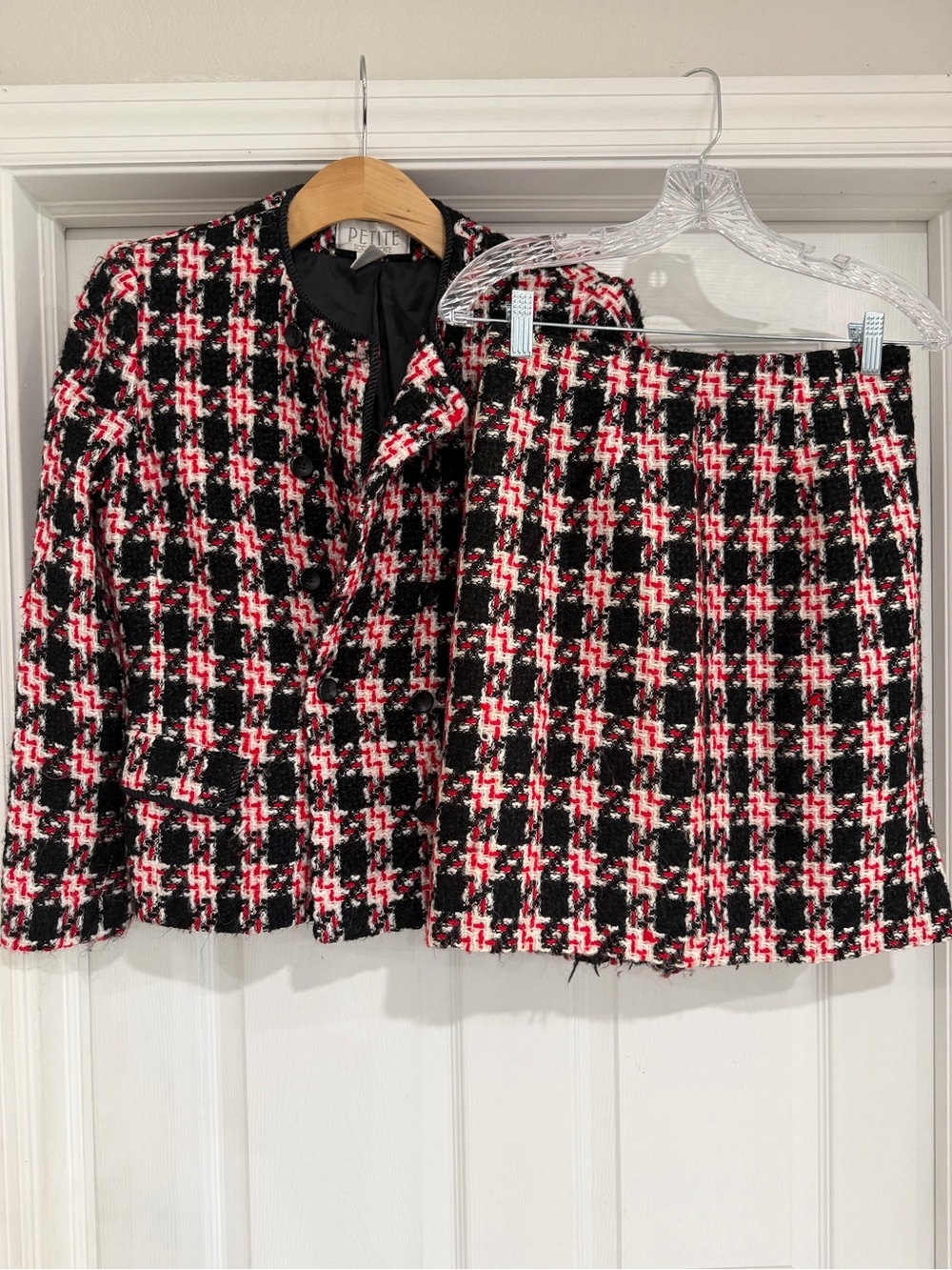 Petite Sophisticate Black White & Red Tweed Jacket and Skirt Set